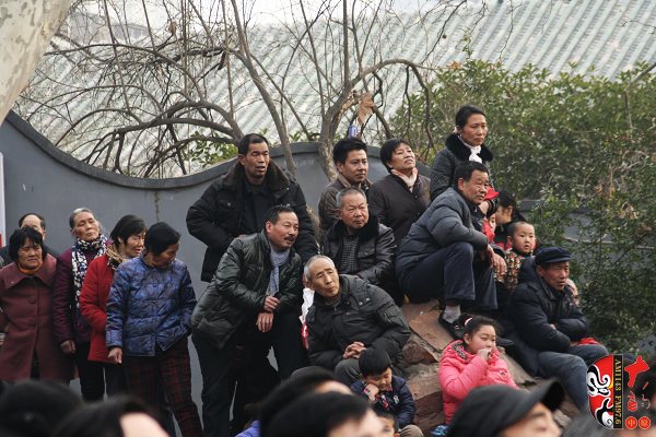 人民公園演出現(xiàn)場擠滿了觀眾，圖為觀眾爬上假山山頭
