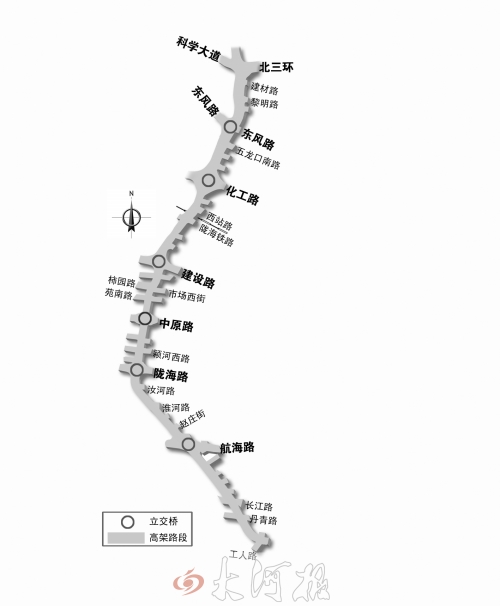 截至目前，僅剩西三環(huán)跨長(zhǎng)江路、丹青路高架橋金水河處一座箱梁尚未澆筑。