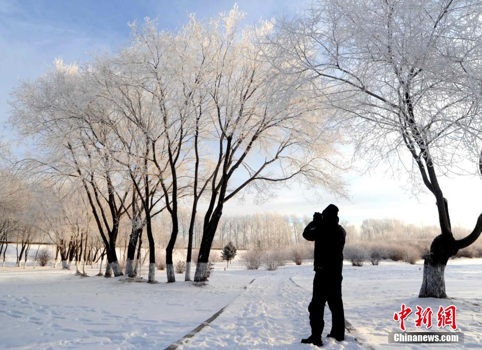 12月10日,受降溫天氣影響,黑河市黑龍江江畔出現(xiàn)綿延數(shù)公里的霧凇景觀。