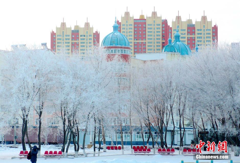 12月10日,受降溫天氣影響,黑河市黑龍江江畔出現(xiàn)綿延數(shù)公里的霧凇景觀。