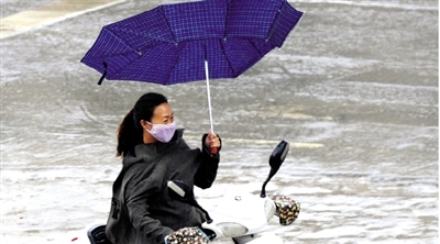 昨日下午，隴海路上，雨中風(fēng)大，一位女士的傘被吹翻了。