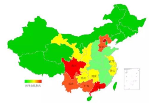 端午期間省域擁堵情況。來源：交通部聯(lián)合其他機構(gòu)發(fā)布的《2018年端午全國公路網(wǎng)出行預(yù)測報告》。