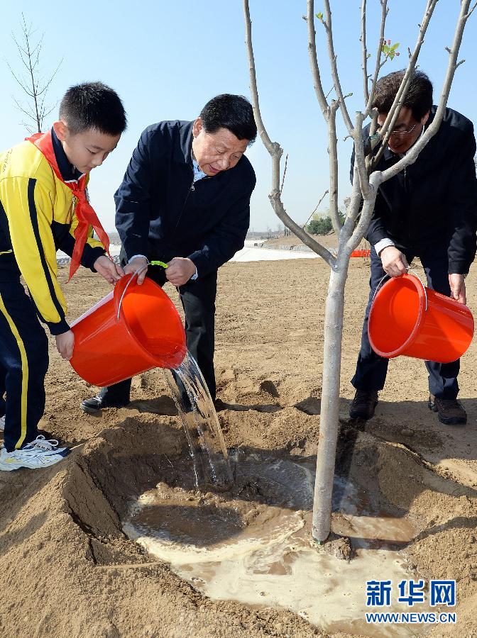 這是習近平同大家一起給剛栽下的樹苗澆水。