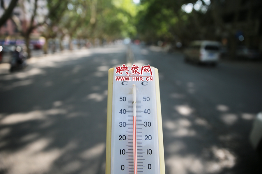 7月8日下午15時(shí)30分，人民路樹陰處溫度為36度，比人防納涼處高11度。