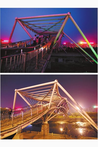 花園路西側(cè)東風(fēng)渠景觀橋，上圖攝于7月31日晚間，下圖攝于10月9日晚間。