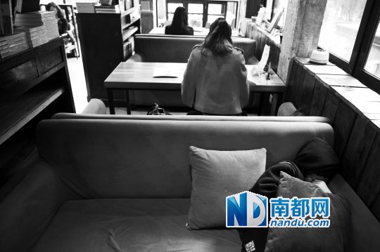 12月12日上午，不打烊書店里，12歲的楊東吃完午飯后抱著抱枕蜷在沙發(fā)里睡覺。
