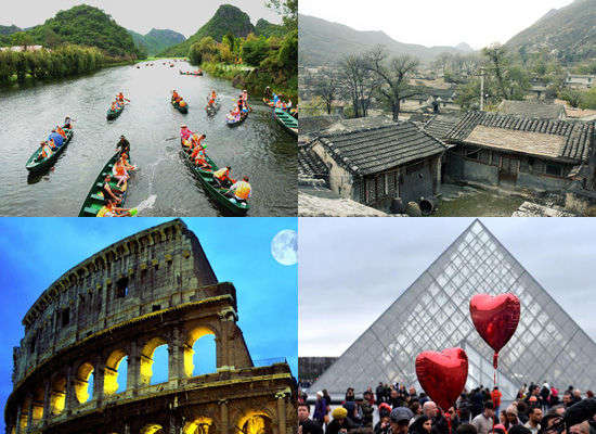 被電視真人秀帶火的旅游景點(diǎn)。左上:云南普者黑;右上:北京靈水村;左下:意大利羅馬;右下:法國(guó)巴黎。
